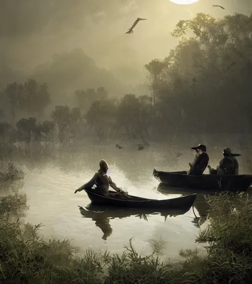 Prompt: three cuervos de pantano in a little boat in a swamp, long legs, volumetric lighting, majestic light, octane render, ethereal glare of the sun, hyperrealistic, epic, masterpiece, by greg rutkowski