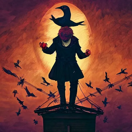 Prompt: a clown on the roof of the church playing with crows, by android jones and m. c. escher collaboration, futurist, digital art, dramatic lighting, symbolic