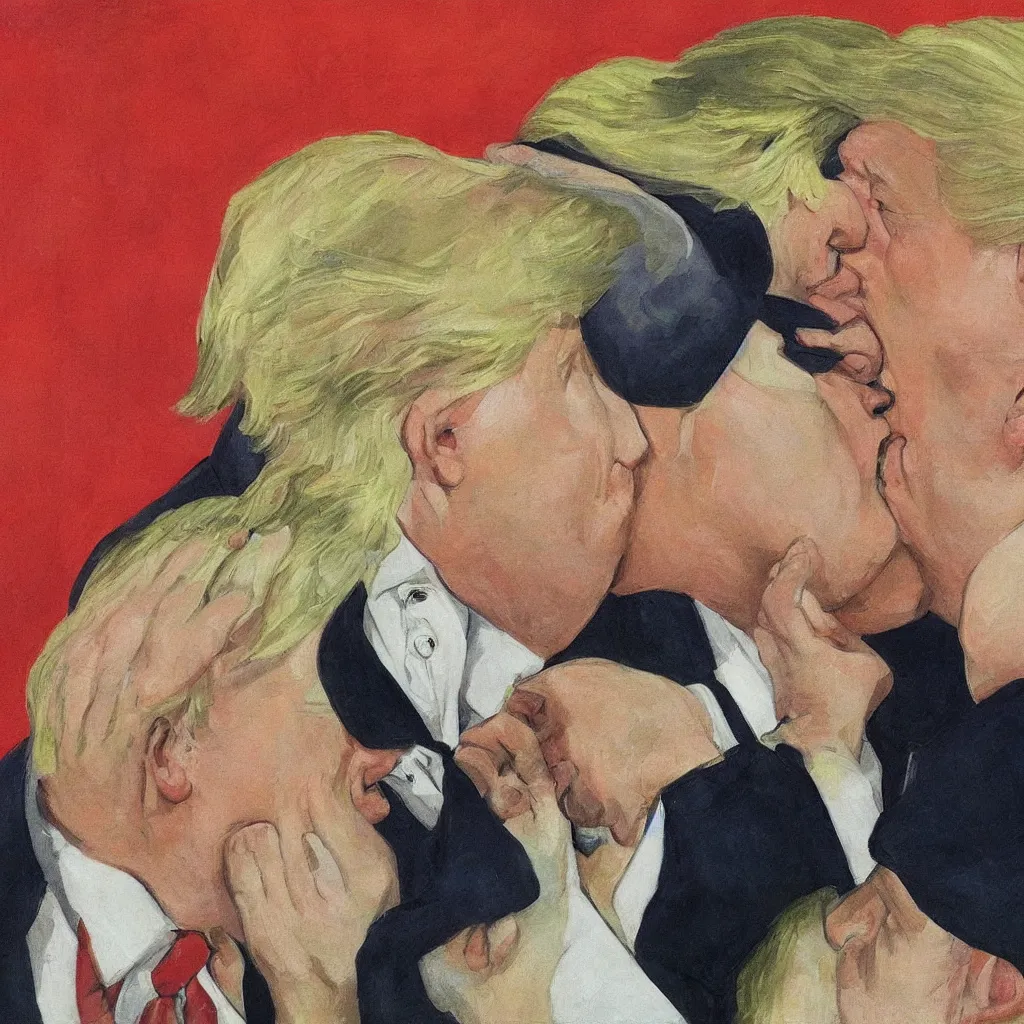 Image similar to boris johnson and donald trump kissing in the style of my god, help me to survive this deadly love by dmitri vrubel