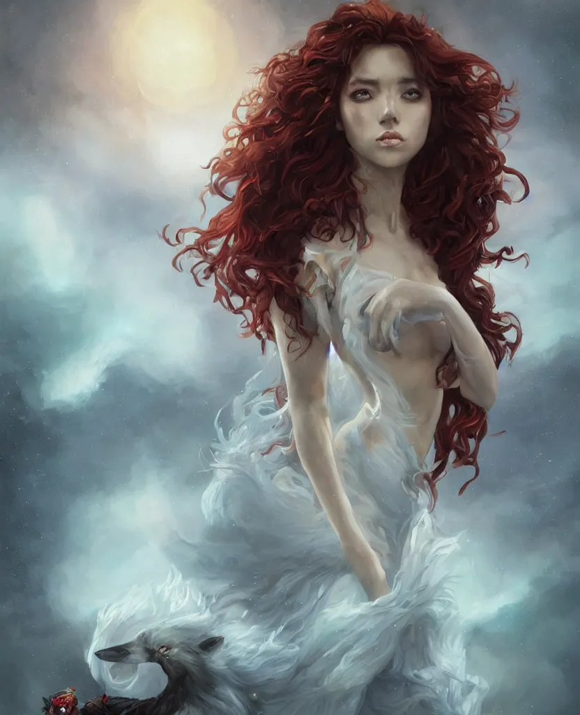 Prompt: a portrait of a ice queen with long dark curly red hair, stoic, brown skin, alone dramatic, epic painting, painted by artgerm and wlop, cgsociety, roses, wolf, crows beautiful, artbreeder, artstation, maximalist fashion dress, full body, octane render, sharpness, 8 k, golden ratio