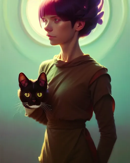 Image similar to portrait of humanoid cat, highly detailed vfx portrait, unreal engine, greg rutkowski, loish, rhads, beeple, makoto shinkai and lois van baarle, ilya kuvshinov, rossdraws, tom bagshaw, alphonse mucha, global illumination, detailed and intricate environment