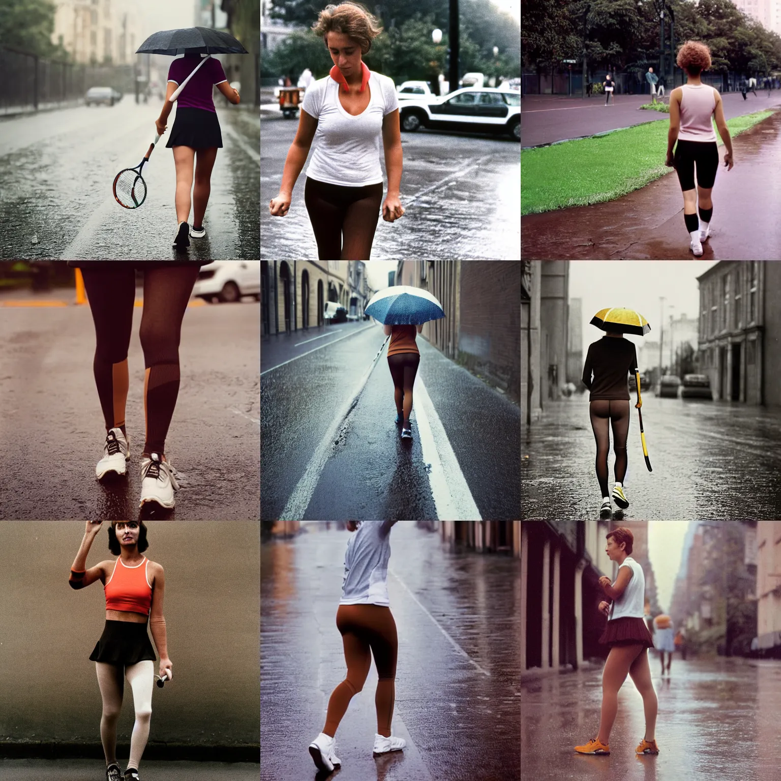 Prompt: A woman walking, tennis wear, neck, brown short hair, tights; on the street, rainy; 90's photograph, focus on torso,