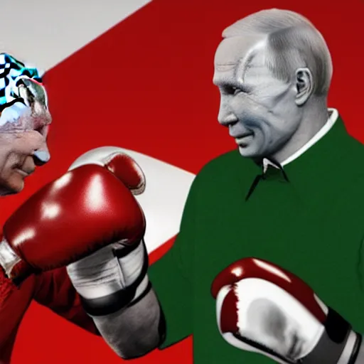 Image similar to Putin knocks out Joe Biden with heavy red boxing gloves in a green jungle. reporters take flash photographs of the blood soaked canvas