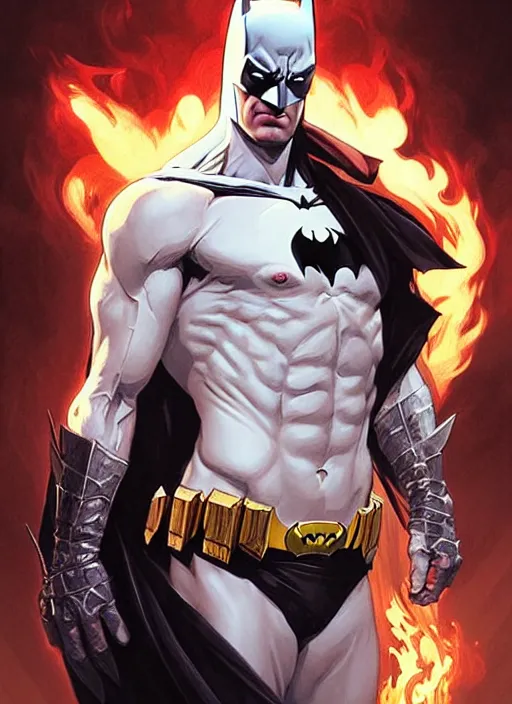 Image similar to portrait of aggressive eden hazard batman, d & d, muscular! white, fire, fantasy, intricate, elegant, highly detailed, digital painting, artstation, concept art, smooth, sharp focus, illustration, art by artgerm and greg rutkowski and alphonse mucha