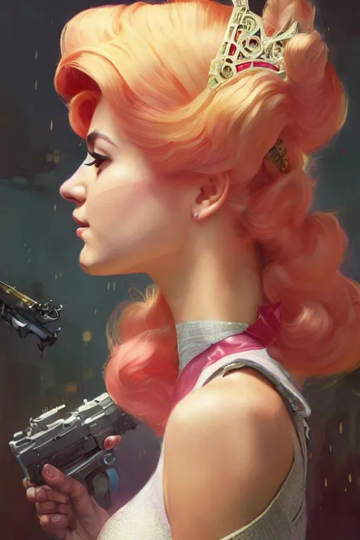 Image similar to gta 5 princess peach profile picture by greg rutkowski, dynamic pose, intricate, futuristic, fantasy, elegant, by stanley artgerm lau, greg rutkowski, thomas kindkade, alphonse mucha, loish, norman rockwell, fantasy lut, asymmetric, long hair, retro computer graphics, video game, fluid lines,