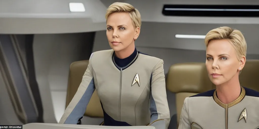 Image similar to Charlize Theron, in full starfleet uniform, is the captain of the starship Enterprise in the new Star Trek movie