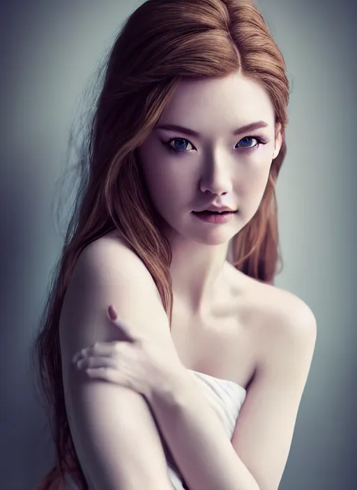 Image similar to a gorgeous scottish female photo, professionally retouched, soft lighting, realistic, smooth face, full body shot, torso, dress, perfect eyes, sharp focus on eyes, 8 k, high definition, insanely detailed, intricate, elegant, artgerm and jason chan and mark litvokin