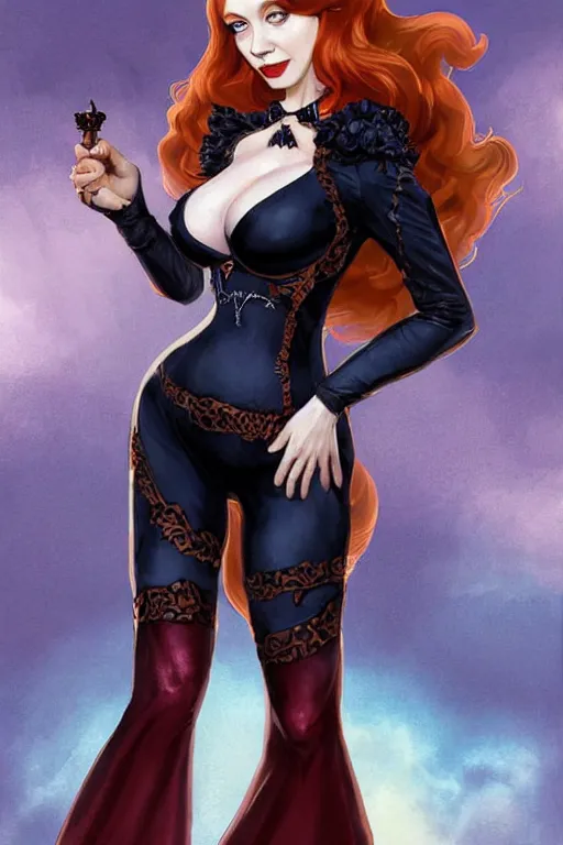 Image similar to frontal standing pose portrait of Christina Hendricks as a sensual Sabrina the Teenager Witch, very beautiful young woman, ginger straight hair, Victorian-era push-up underwire. Intricate, concept art, magic mystique imagery themed, D&D!, fantasy style, sharp focus!, ultra detailed, art by Artgerm and Peter Andrew Jones, WLUP, Magali Villeneuve