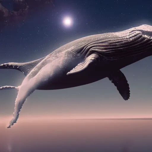 Prompt: high quality photo of big whale floating in space, photorealism, 8k, rendered by unreal engine