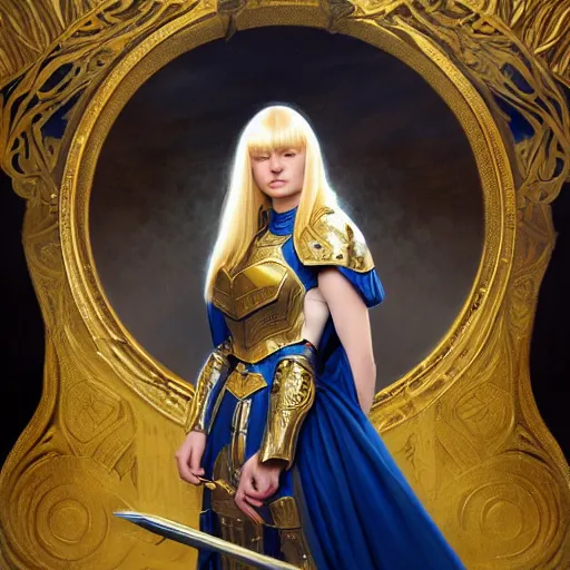 Image similar to of Alice Zuberg, young woman with blonde hair and bangs wearing a golden ornate paladin armor with a blue cloak, dark fantasy, medium shot, intricate, elegant, highly detailed, digital painting, volumetric light, artstation, concept art, smooth, sharp focus, illustration, art by Gil Elvgren and Greg Rutkowski and Alphonse Mucha
