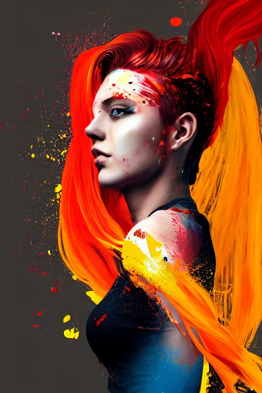 Image similar to a award winning half body portrait of a beautiful woman in a croptop and cargo pants with ombre red orange yellow hairstyle with head in motion and hair flying, paint splashes, splatter, outrun, vaporware, shaded flat illustration, digital art, trending on artstation, highly detailed, fine detail, intricate