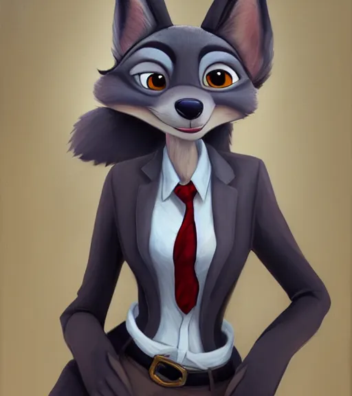 Image similar to oil painting of full body of anthromorphic female wolf, in style of zootopia, zootopia, zootopia, fursona, furry, furaffinity, 4 k, deviantart, furry art, fursona art, wearing black business suit, business suit, in style of zootopia, wolf fursona, cyberpunk, female, expressive detailed feminine face,