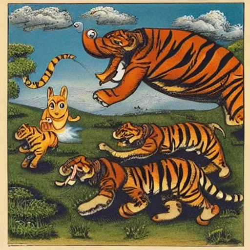Prompt: A tiger, a turtle, an elephant, a rabbit and a fox running away from an erupting volcano, cartoonish