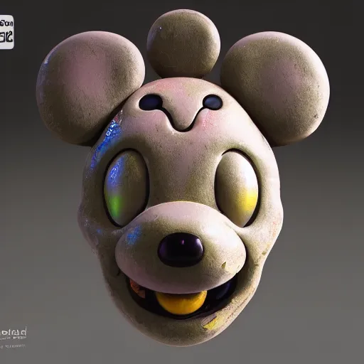 Image similar to counterfeit mickey mouse head, fractal, broken, LSD, wet, melting, fractured, mycelium, radiant alien, rococo, baroque, automotive, bio-mechanical, porcelain, iridescent, sub surface scattering, octane render