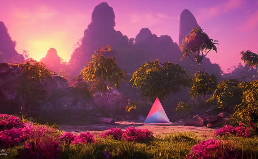 Prompt: a crystal tetrahedron!!! in the middle of ancient ruins in a lush prehistoric jungle, inside a humongous cave, red and magenta flowers, sunset, godrays, orange and blue sky, haze, volumetric lighting, a high - quality render, photorealistic, unreal engine 5