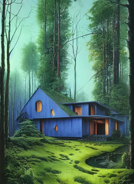 Image similar to hyper realistic witchy modern house with mood lighting and tech in the woods gorgeous lighting, blue sky, highly detailed, lush forest foliage painting by zdzisław beksinski and norman rockwell and greg rutkowski weta studio, and lucasfilm