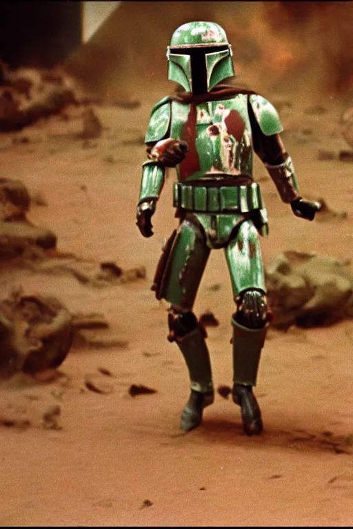 Image similar to wide angle full view 65mm film boba fett battle damaged armor scorched. screenshot from 1977 Star Wars dull muted colors tatoonie