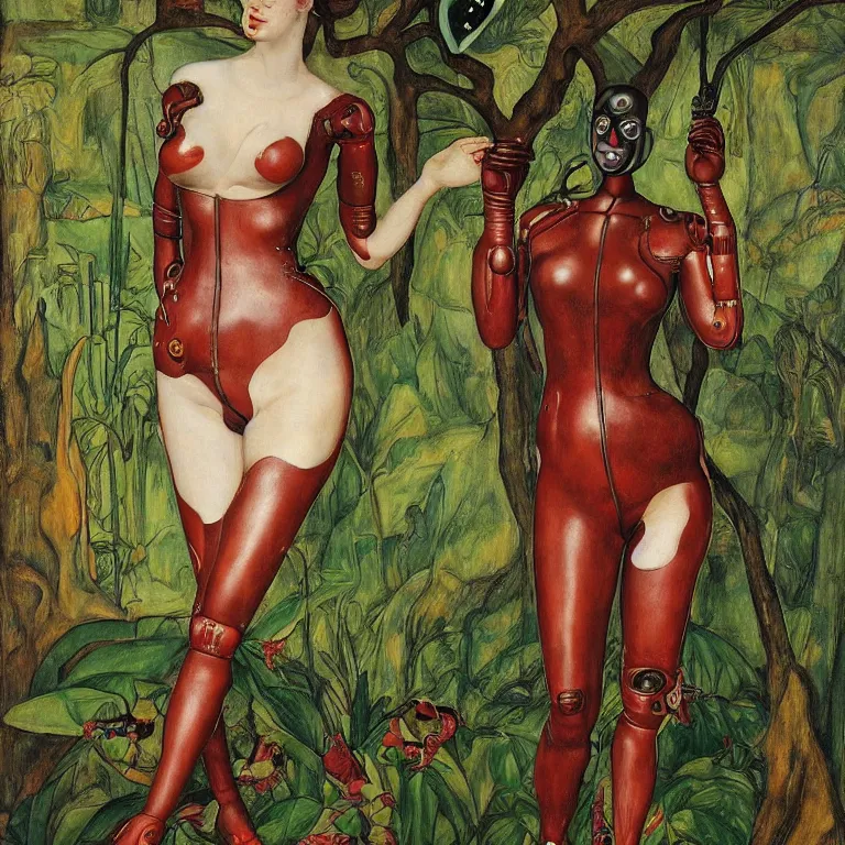 Prompt: a healthy curvy grinning dryad lady wearing a catsuit, who looks like a cybernetic alien stands pround in the middle of a river valley. around her are tropical birds and orchids. painted by jan van eyck, egon schiele and max ernst, trending on artstation, 8 k, award winning, high octane