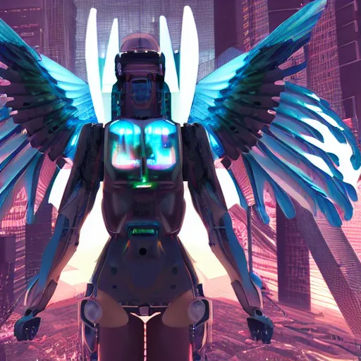 Prompt: a cyberpunk angel with machine wings