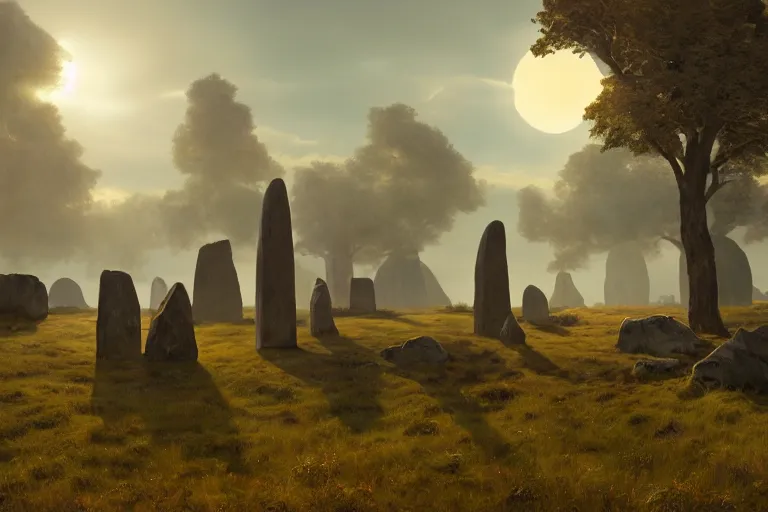 Image similar to circle of standing stones at dawn, dramatic cinematic lighting, rich colors, by William Dyce and ford madox brown and April Gornik and Caspar David Friedrich and Diego Rivera and Tyler Edlin, featured on artstation