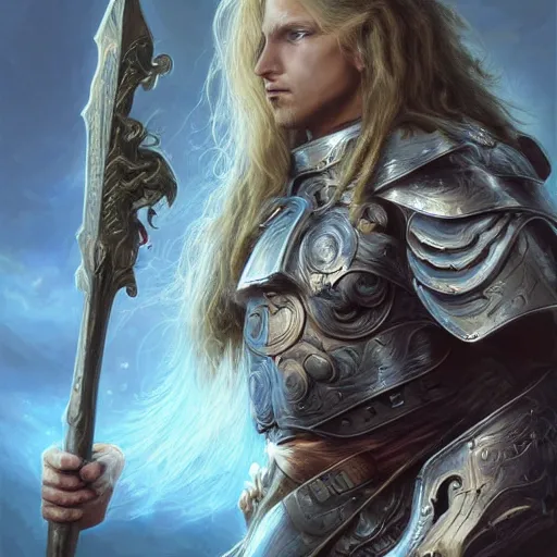Image similar to portrait, long - haired fantasy paladin in shining armor, blond, rpg game, stern expression, long hair, highly detailed, digital painting, artstation, concept art, smooth, sharp focus, illustration, artgerm, tomasz alen kopera, peter mohrbacher, donato giancola, joseph christian leyendecker, wlop, frank frazetta
