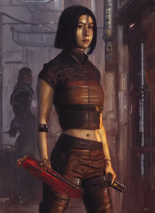 Image similar to katana. cyberpunk mercenary in a cyberpunk jumpsuit ( blade runner 2 0 4 9, cyberpunk 2 0 7 7 ). orientalist portrait by john william waterhouse and james gurney and theodore ralli and nasreddine dinet, oil on canvas. cinematic, hyper realism, realistic proportions, dramatic lighting, high detail 4 k