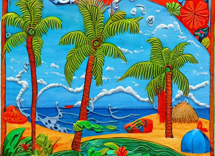 Prompt: colorized stylized bas relief sculpture of a tropical paradise in mexico folk art style