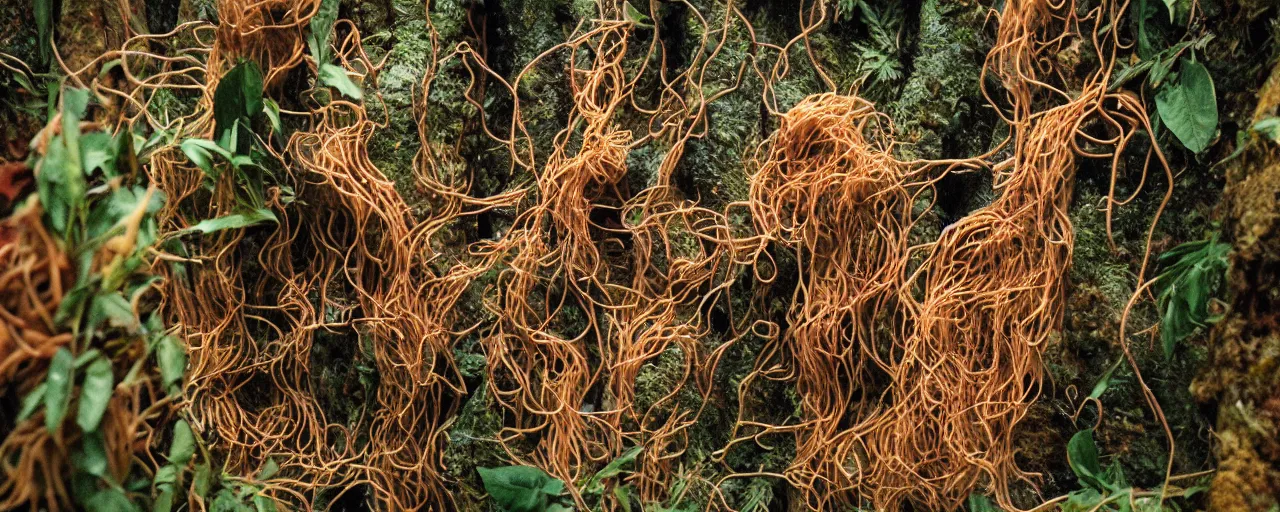 Image similar to taxidermized, the first humans discovering spaghetti on a mountain side, cloud forest, hyper - realistic, small details, intricate, sharply focused, 2 0 mm lens, wes anderson film, kodachrome