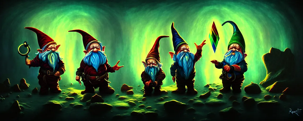 Prompt: whimsical bifrost alchemical gnomes, surreal dark uncanny painting by ronny khalil