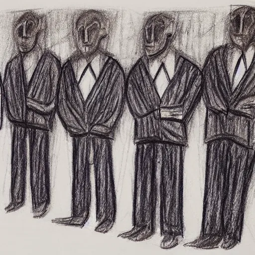 Image similar to mournful ultraviolet by bill ward, by ben shahn. a beautiful drawing of a group of people standing in a line. they are all facing the same direction & appear to be waiting for something.