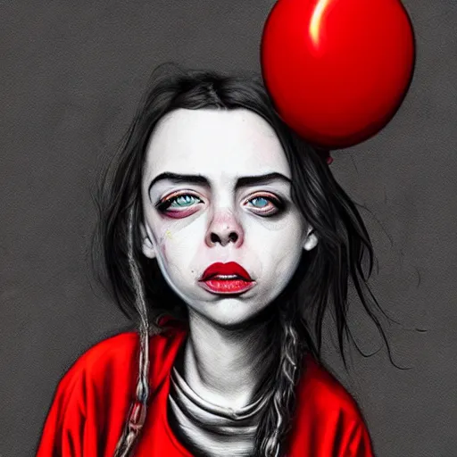 Image similar to surrealism grunge cartoon portrait sketch of billie eilish with a wide smile and a red balloon by - michael karcz, loony toons style, comic book style, horror theme, detailed, elegant, intricate