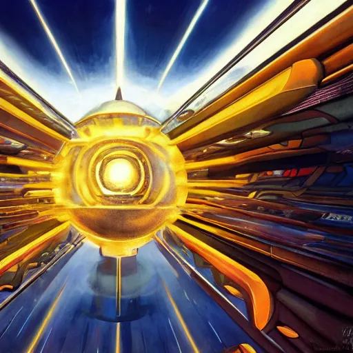 Image similar to inside a dyson sphere, golden sun centered, infinite sun rays, intricate abstract, symmetry, unreal engine tech demo, golden hour, scifi, ( ( ( by robert mccall ) ) )