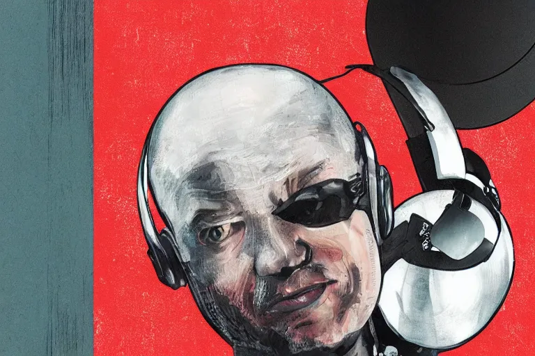 Image similar to an expressive portrait of agent 4 7 from hitman wearing headphones and putting a vinyl record onto a turntable, dark background, red rim light, digita, l