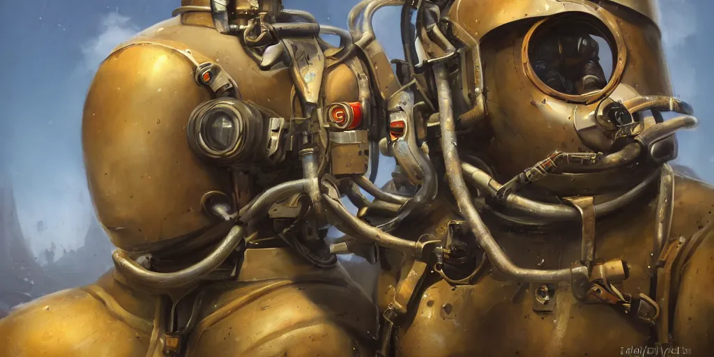 Prompt: highly detailed portrait painting of welder stallone in atmospheric diving suit, by eddie mendoza and tyler edlin, windows, 8 k resolution