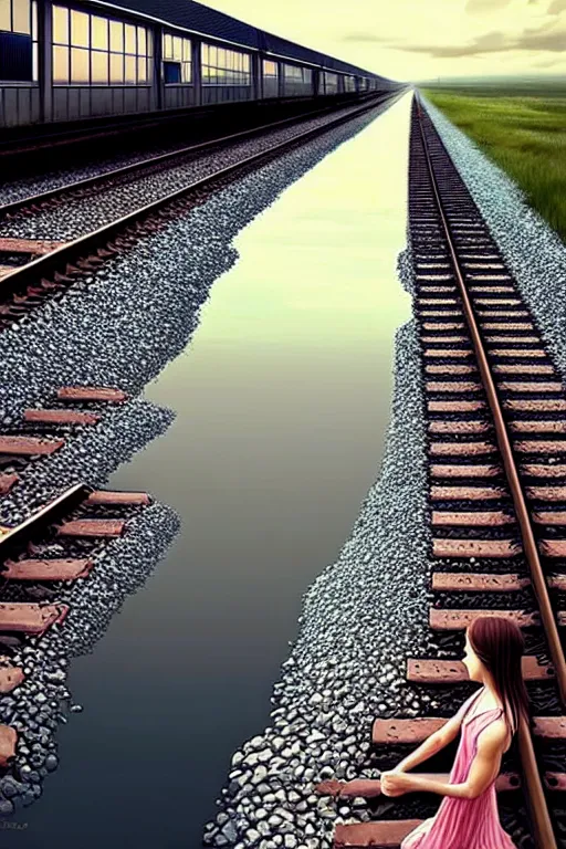 Prompt: shallow reflective water completely covers submerged invisible train tracks as a barefoot girl carries her shoes, there is a train station in the distance and large white clouds on a wide horizon, intricate, elegant, highly detailed, digital photo, artstation, concept art, smooth, sharp focus, art by artgerm and greg rutkowski and fra angelico