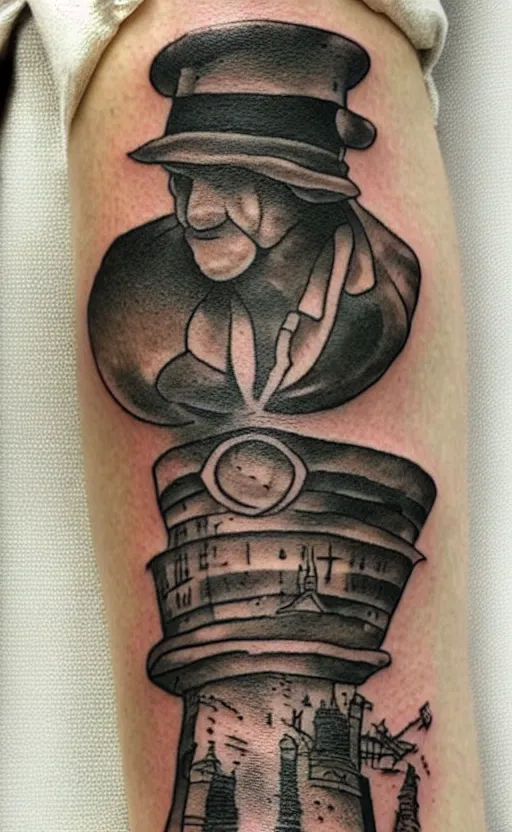 Image similar to a tattoo of an old man wearing a hat on top of a tower, ultra detailed, tattoo, 8 k