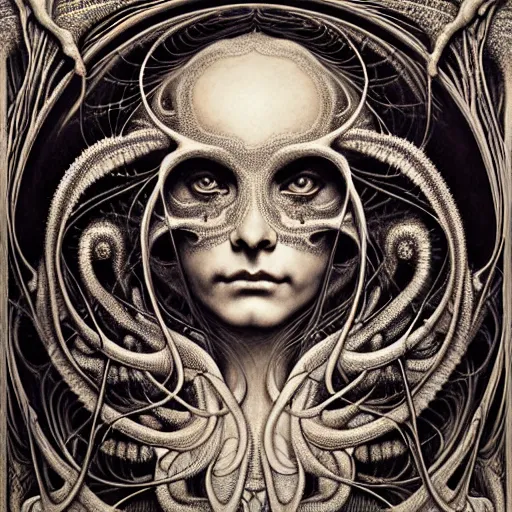 Image similar to detailed realistic beautiful calaveras death goddess face portrait by jean delville, gustave dore, iris van herpen and marco mazzoni, art forms of nature by ernst haeckel, art nouveau, symbolist, visionary, gothic, neo - gothic, pre - raphaelite, fractal lace, intricate alien botanical biodiversity, surreality, hyperdetailed ultrasharp