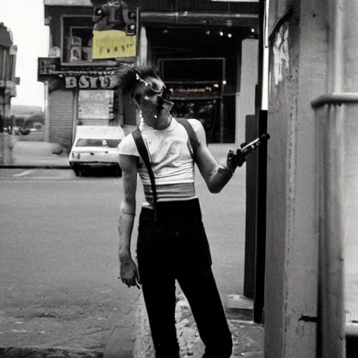 Prompt: androgynous punk smoking cigarette outside bar, photo kodachrome