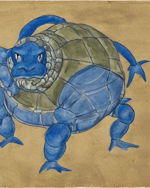 Prompt: a manuscript painting of Blastoise in the style of the Rochester Bestiary, Ashmole Bestiary