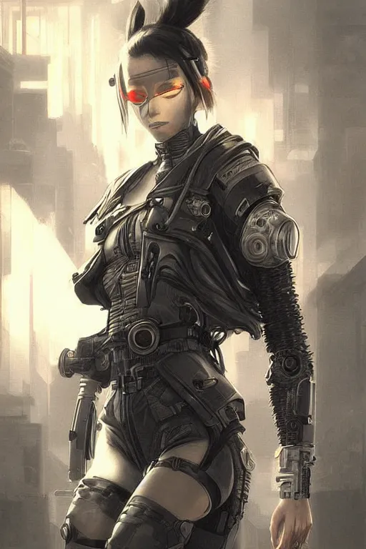 Image similar to ultrarealistic illustration cyberpunk cyberninja smoking a cigarette, cyberpunk, highly detailed, intricate, elegant, digital pencil painting, anime, cartoonish, sharp focus, character centred, illustration, art by artgerm and greg rutkowski and alphonse mucha,