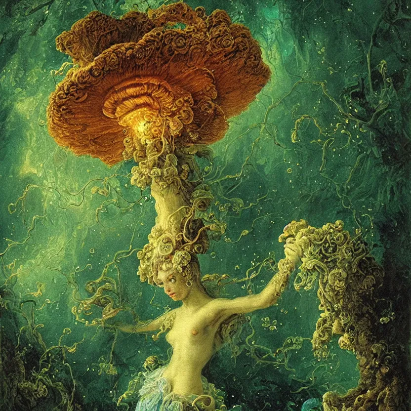 Prompt: a close - up rococo portrait of a futuristic iridescent mushroom ghost phantom standing in water, moss, and swamp. fireflies night time. rich blue and deep emerald colors, high contrast. gloomy, highly detailed 1 8 th century sci - fi fantasy masterpiece painting by jean - honore fragonard, moebius, and johfra bosschart. artstation