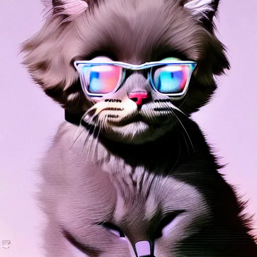 Image similar to a cute goldendoodle with tilted head and a fluffy grey cat, focus close on eyes, eighties holographic art by ilya kuvshinov monet range murata artgerm katsuhiro otomo norman rockwell, highly detailed intricately sharp focus, trending on pinterest vogue italia unreal engine