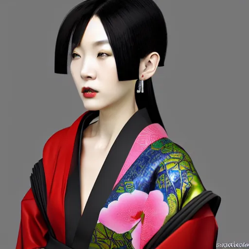 Image similar to japanese kimono inspired avant-garde art, deco fashion, highly detailed, photorealistic portrait, bright studio setting, studio lighting, crisp quality and light reflections, unreal engine 5 quality render