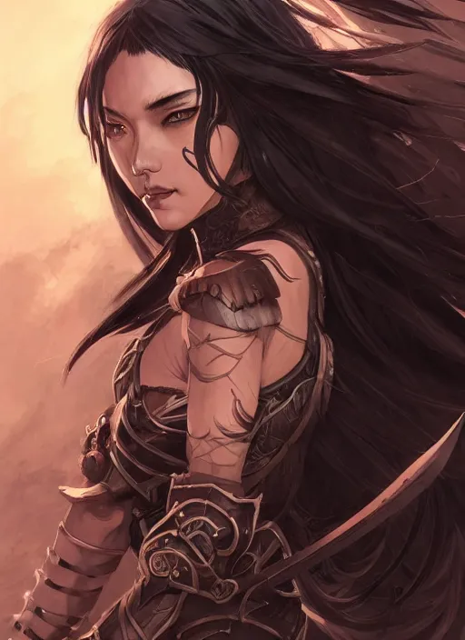 Image similar to beautiful warrior lady, black long hair, practical armor, brown skin, demonic eyes, low fantasy, extremely detailed, sharp focus, smooth, digital illustration, by rossdraws, frank franzzeta, sakimichan