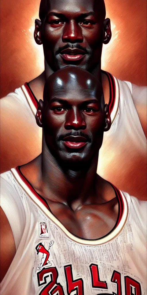 Image similar to portrait of michael jordan, intricate, elegant, highly detailed, digital painting, artstation, concept art, smooth, sharp focus, illustration, art by artgerm and greg rutkowski and alphonse mucha and william - adolphe bouguereau