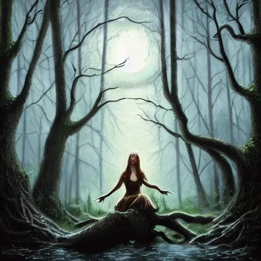 Image similar to highly realistic scenic painting of a towering misty dark fantasy forest surrounding a pond, a rusalka sits on the roots of an ancient tree looking up at the moon, spooky fog, looming trees, scary forest, midnight, dark, fantasy painting hd