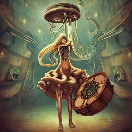 Image similar to fantasy steampunk giant Squid woman frantically playing a huge drum set with tentacles undersea dystopian photorealistic spotlight