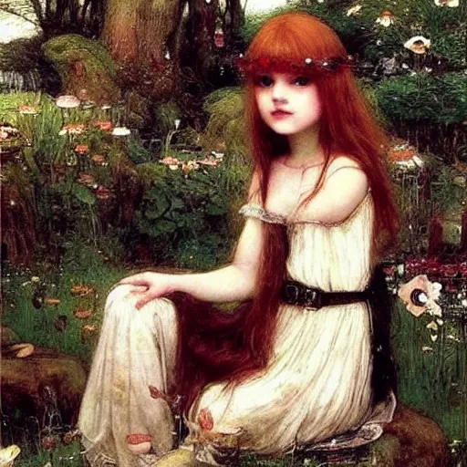 Prompt: fairy garden, beautiful, magical, young girls, ginger haired sweet girl, black haired goth girl, john william waterhouse, ethereal