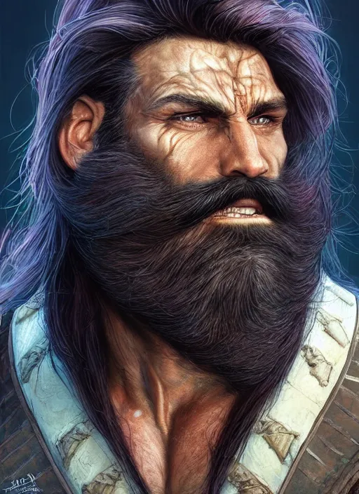 Prompt: portrait of a hulky herculean well groomed ork with flowing long deep violet hair, epic beard, style of assassin's creed, intricate, elegant, highly detailed, digital painting, artstation, concept art, smooth, sharp focus, illustration, art by artgerm and luis royo, josh kirby and wayne barlowe, 8 k