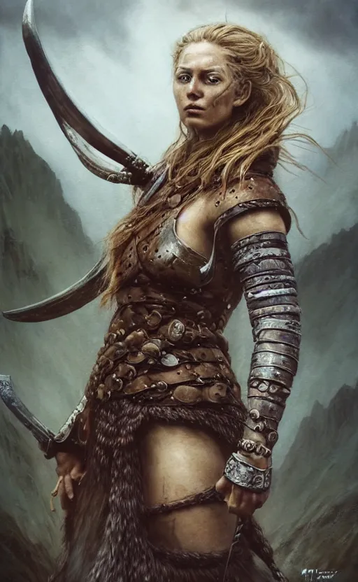 Image similar to Official photo of a majestic fierce viking woman, leader, fear, scarred, hyperrealism, highly detailed, viking attire, cinematic, 8k, 1080s, by Stanley Artgermm, Tom Bagshaw, Greg Rutkowski, Vincent di Fate, Carne Griffiths, Ayami Kojima, trending on DeviantArt, hyper detailed, full of color, digital art